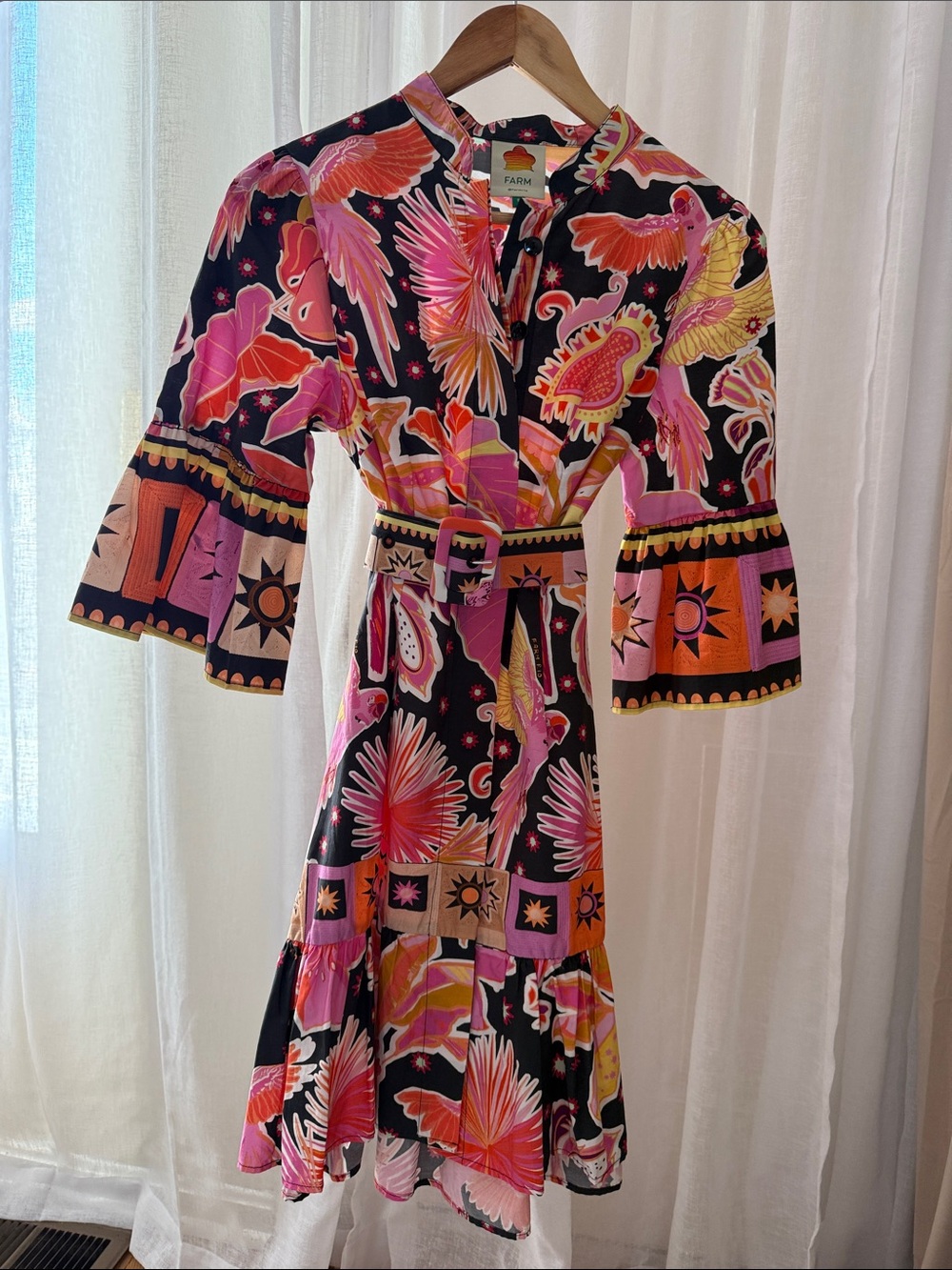 FARM Rio Black Mini Dress with Pink, Orange & Yellow Tropical Print